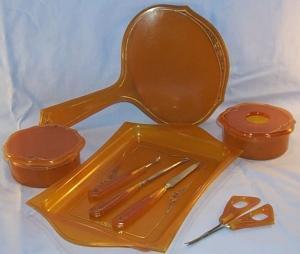 Amber Bakelite Bedroom Dresser Set, Pieces