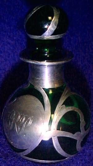 Sterling Overlay Green Glass Perfume - Glass