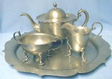 Pairpoint Pewter Tea Service - Tea Pot, Sugar Bowl, Creamer and Tray - metalware
