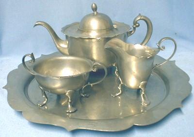 Pairpoint Pewter Tea Service - Tea Pot, Sugar Bowl, Creamer and Tray - metalware