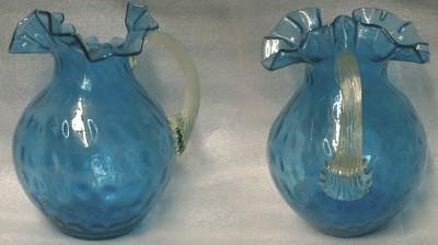 vintage Antique Inverted Thumbprint Art Glass Pitcher - Clear Glass Reed Handle on Sapphire Blue Pitcher