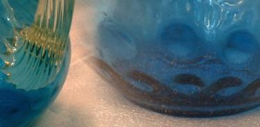 vintage Antique Inverted Thumbprint Art Glass Pitcher - Clear Glass Reed Handle on Sapphire Blue Pitcher