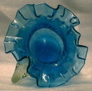 vintage Antique Inverted Thumbprint Art Glass Pitcher - Clear Glass Reed Handle on Sapphire Blue Pitcher