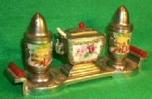 Unique Occupied Japan Porcelain Condiment Set on Metal Tray with Bakelit handle