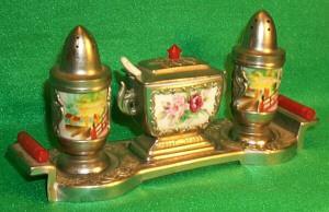 Unique Occupied Japan Porcelain Condiment Set on Metal Tray with Bakelit handle