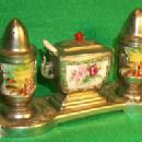 Unique Occupied Japan Porcelain Condiment Set on Metal Tray with Bakelit handle