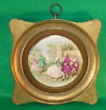 Porcelain (Victorian Scene) Hanging Plaques in Gold Finish Wood Frames