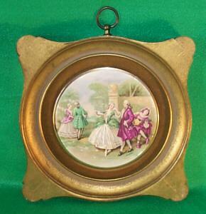 Porcelain (Victorian Scene) Hanging Plaques in Gold Finish Wood Frames