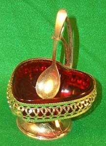 Colorful Ruby Glass Jelly Dish W/Spoon And Holder