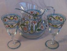 Hand Painted Clear Glass Pitcher with Two Glasses
