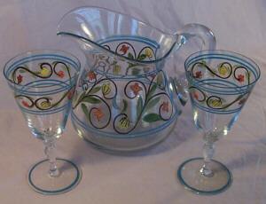 Hand Painted Clear Glass Pitcher with Two Glasses