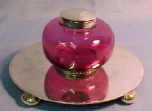 CRANBERRY Glass Silver Inkwell INK WELL - Glass