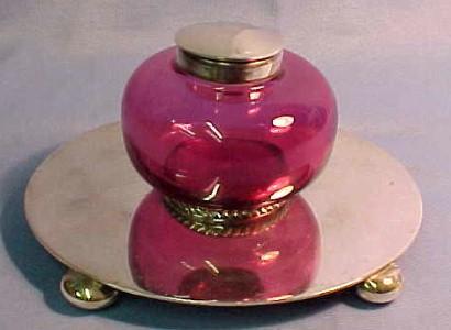CRANBERRY Glass Silver Inkwell INK WELL - Glass