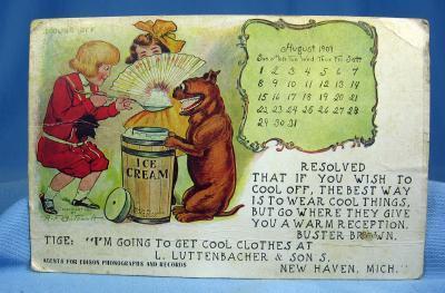 1909 Buster Brown and TIGE Postcard Scrap - Signed OUTCAULT - Advertising for Luttenbacher & Sons New Haven Michigan