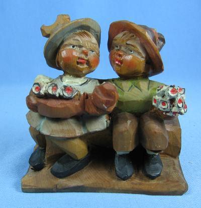 Hand Carved ANRI Boy & Girl Lovers - Vintage Wooden Folk Art Figure
