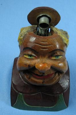 Hand Carved ANRI MONK Cigarette Lighter - Wooden Folk Art Figure ~ Tobacciana