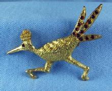 Jewelry ROAD RUNNER Brooch - Vintage Goldtone BIRD with RUBY Tail Costume Jewelry