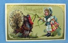 JOYFUL THANKSGIVING Turkey & Pilgrim Child Postcard - 1910 paper