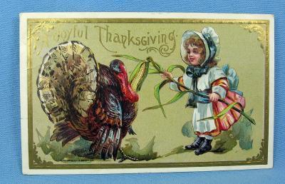 JOYFUL THANKSGIVING Turkey & Pilgrim Child Postcard - 1910 paper