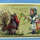 JOYFUL THANKSGIVING Turkey & Pilgrim Child Postcard - 1910 paper