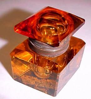 AMBER Inkwell Cut Glass DIAMOND Shape - Glass