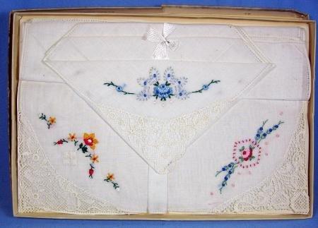 old Embroidered Handkerchief Group - NEW unused Vintage Lace in Original Gift Box - textile