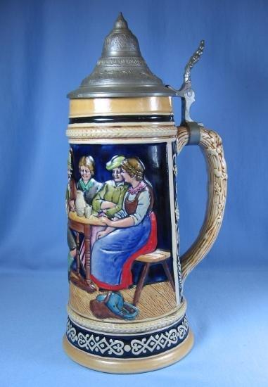old Vintage German STEIN with Conical Lid High Relief Pottery