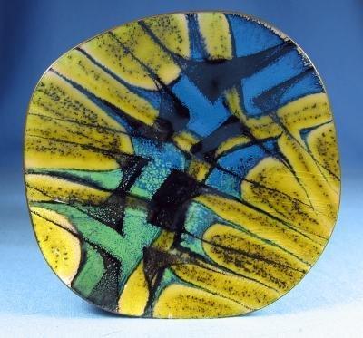 Artist Signed Enameled & Jeweled Copper Tray - Eames Era Metalware