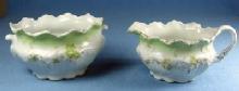 Pottery Porcelain Sugar Bowl & Creamer - Soft Lime Green Flowers