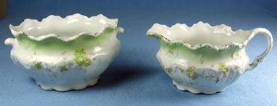 Pottery Porcelain Sugar Bowl & Creamer - Soft Lime Green Flowers
