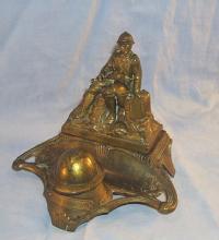WORLD WAR I French Soldier Bronze Washed Cast Metal Inkwell - Metalware