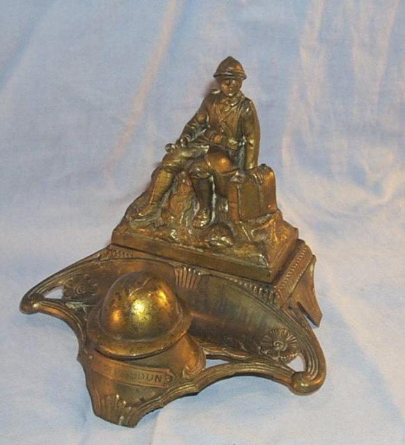 WORLD WAR I French Soldier Bronze Washed Cast Metal Inkwell - Metalware