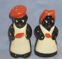 Occupied Japan Orange Decorated Porcelain Chef & Mammy Salt and Pepper Shaker Set - Ethnographic
