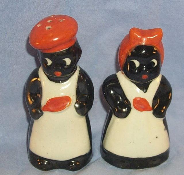 Occupied Japan Orange Decorated Porcelain Chef & Mammy Salt and Pepper Shaker Set - Ethnographic