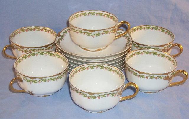 Six Sets LIMOGES Gold Trimmed Porcelain Cups & Saucers
