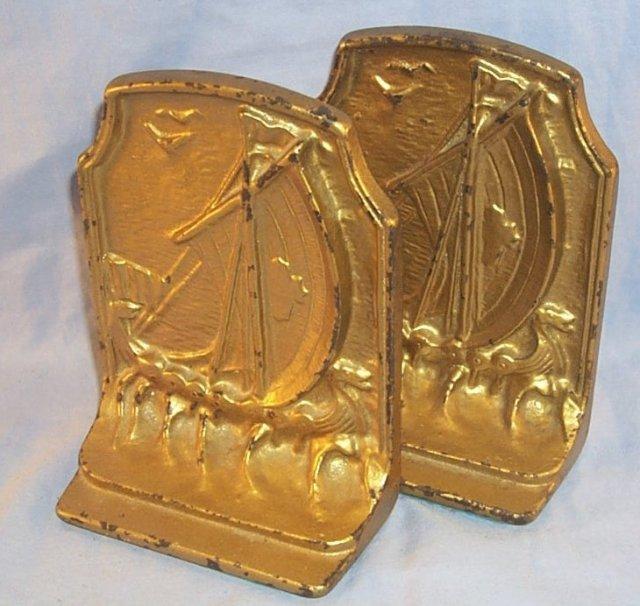 Viking SAILING SHIP Gold Painted Cast Iron Bookends - Metalware
