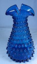 FENTON GLASS VASE vintage Peacock Blue Hobnail Vase Unusual Spouted Lip - Fenton Glass