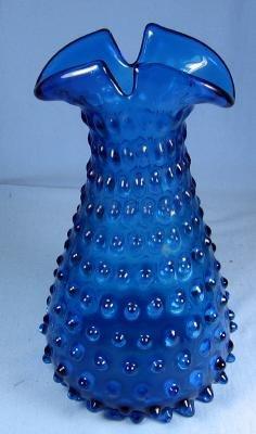 FENTON GLASS VASE vintage Peacock Blue Hobnail Vase Unusual Spouted Lip - Fenton Glass
