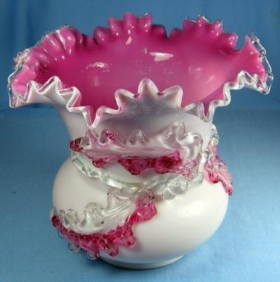 Stevens & Williams Art Glass Vase - Cranberry Cased Glass with Applied Rigiree