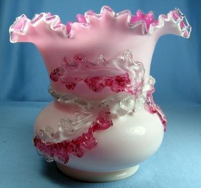 Stevens & Williams Art Glass Vase - Cranberry Cased Glass with Applied Rigiree