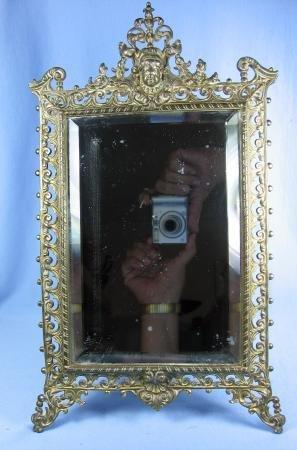 old Vintage Ornate Brass Mirror - Vanity old Framed Beveled Mirror Easel - metalware