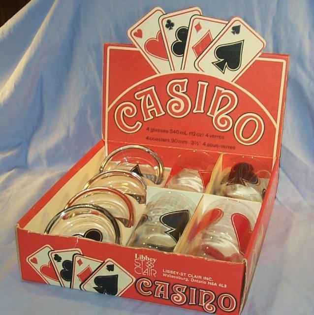 Four CASINO POKER Glass and Coaster Sets in Original Box