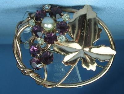 Jewelry Amethyst and Rhinestone Copper Brooch - Vintage Estate Jewelry antique