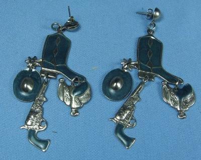 old Vintage Western Earrings - Enameled BOOT Cowboy HAT SADDLE & PISTOL Costume Jewelry