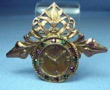 old Amethyst & Emerald CLOCK Brooch - Vintage Estate Jewelry