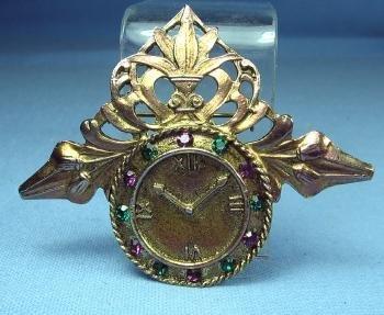 old Amethyst & Emerald CLOCK Brooch - Vintage Estate Jewelry