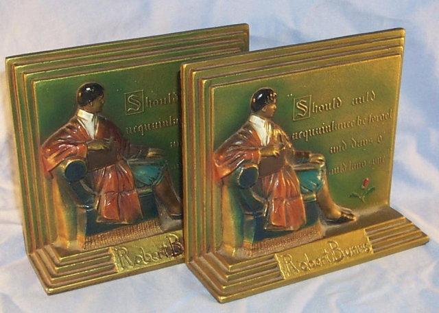 Robert Burns AULD LANG SYNE Polychromed Cast Metal Bookends - Metalware