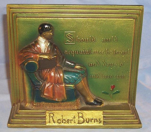 Robert Burns AULD LANG SYNE Polychromed Cast Metal Bookends - Metalware
