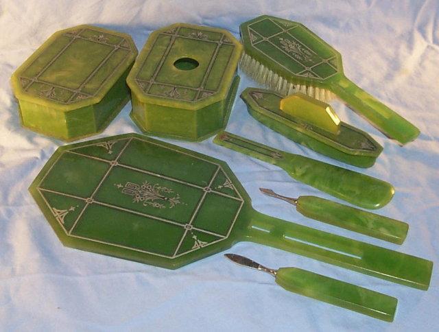Eight Piece Art Deco Green CELLULOID Dresser Set - Misc.