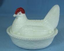 old Milk Glass HEN on NEST - Vintage Antique Covered Box